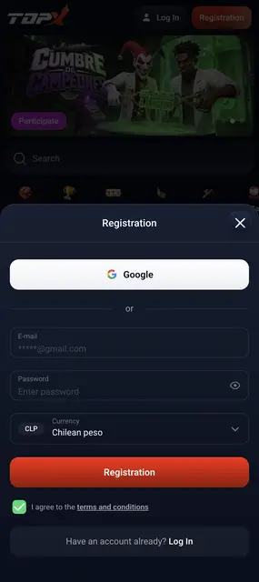 Web móvil de TopX, alta de cuenta con moneda CLP y acceso con Google