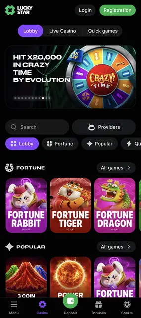 Inicio con los juegos populares y la categoría Fortune en el sitio de Lucky Star