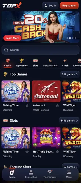 Web móvil de TopX, portada con la promoción de cashback y los juegos más populares
